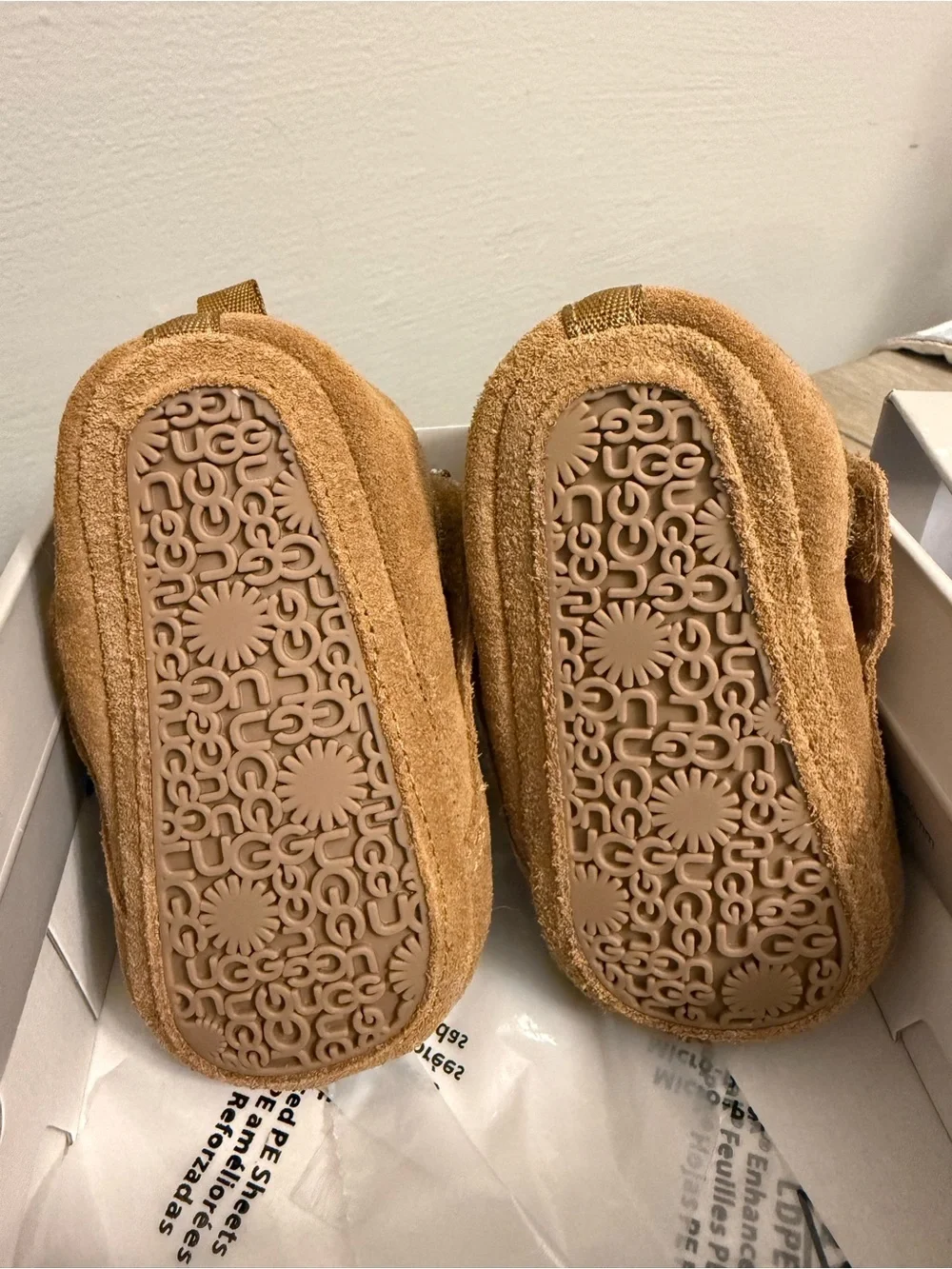 UGG Baby Moccasin Booties in Camel with Trim